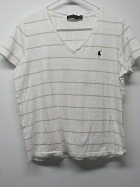 Polo Ralph Lauren White Gray Womens XL Striped V Neck Shirt Short Sleeve T Shirt